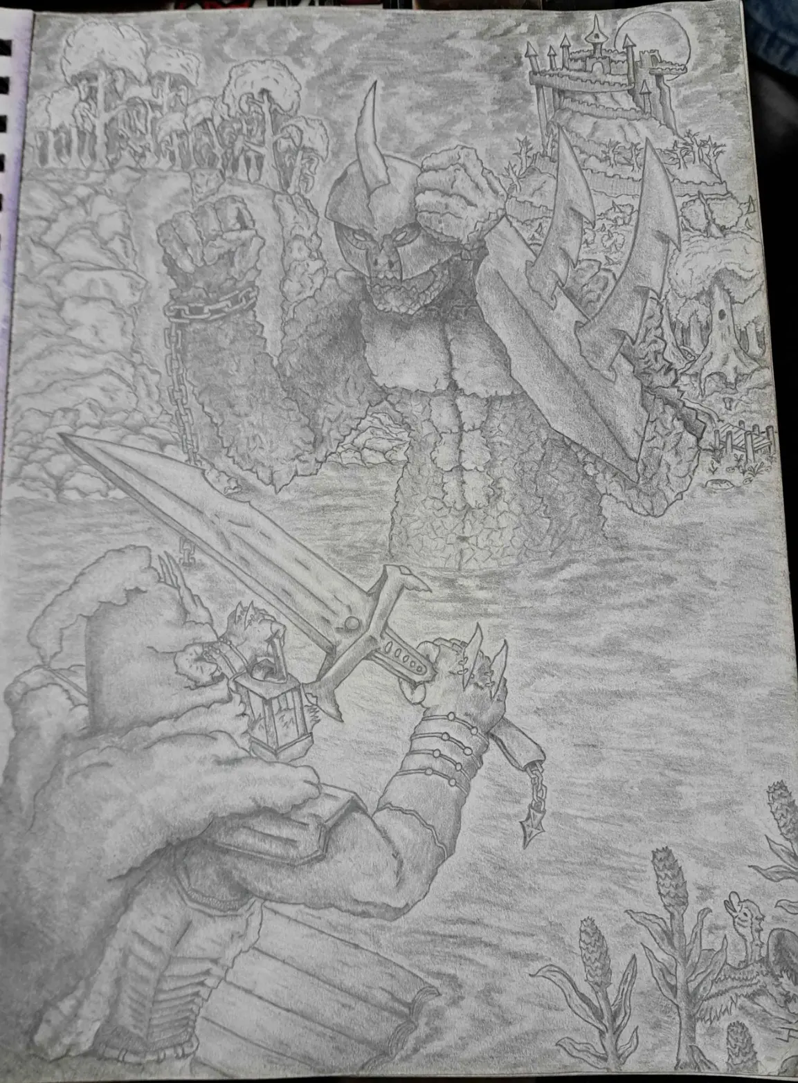 Fantasy warrior confronting a towering armored creature