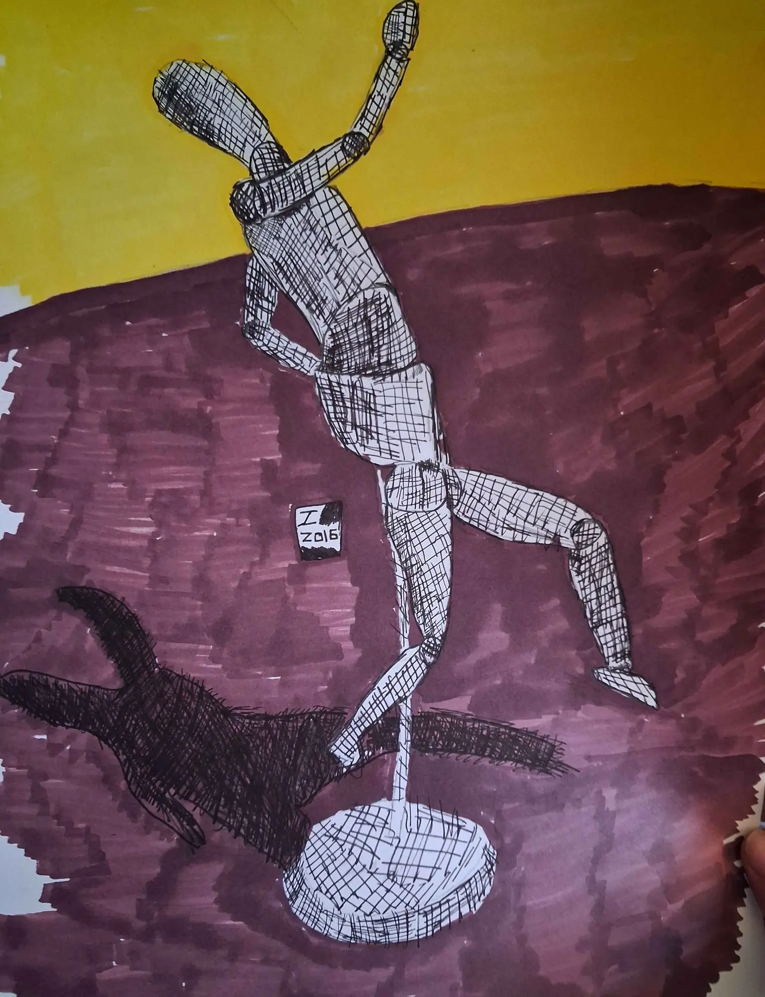 Mannequin figure suspended above a shadow