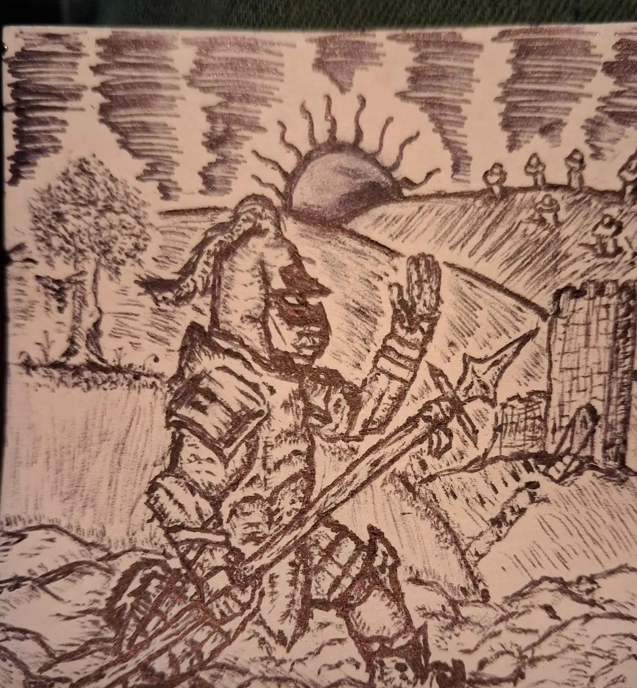 Knight seated on a battlefield at sunset