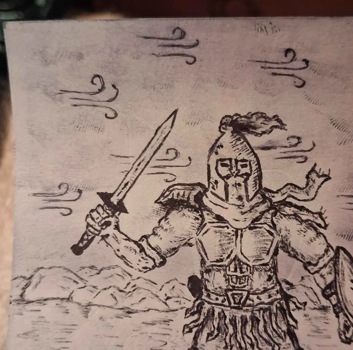 Armored swordsman standing against the wind