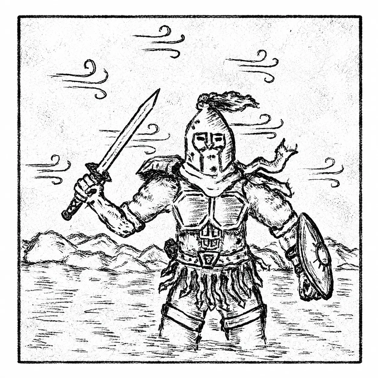 Armored swordsman standing against the wind