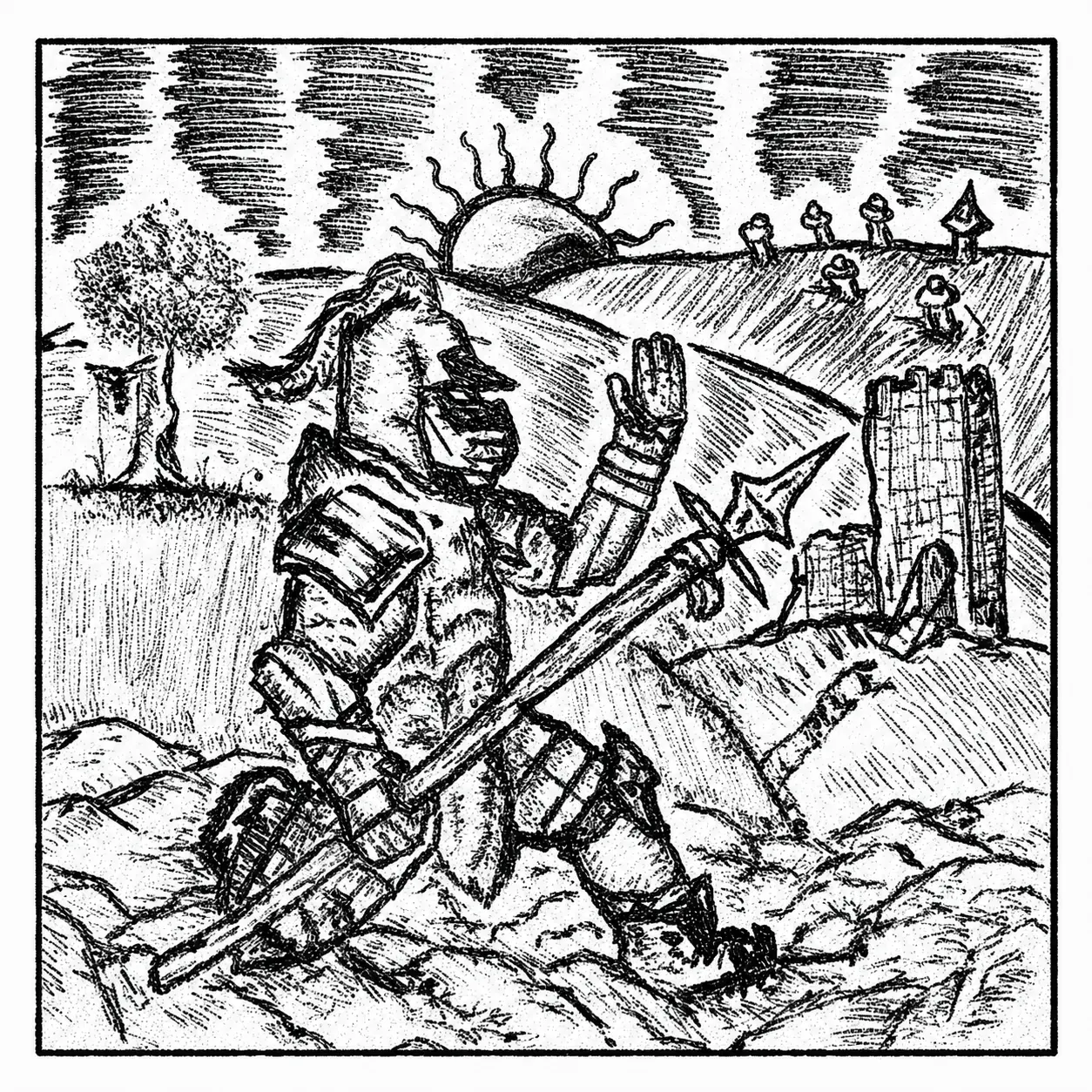 Knight seated on a battlefield at sunset